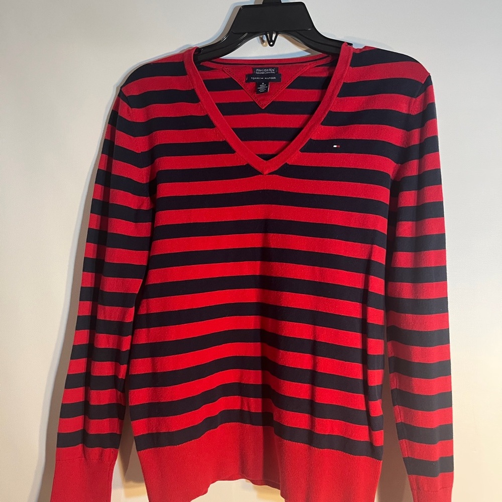 Tommy Hilfiger Red and Black Striped V-Neck Top size Medium